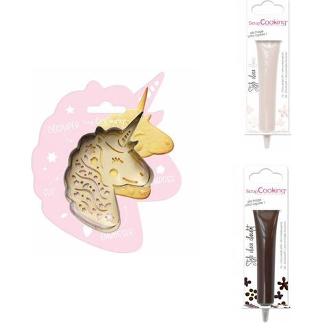 Kit pour biscuit en relief Licorne + 2 Stylos au chocolat blanc et marron