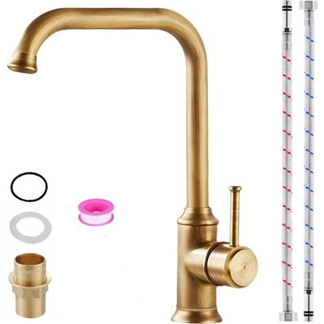 Robinet de cuisine en bronze antique, mitigeur d'évier vintage en bronze, mitigeur de cuisine pivotant à 360° avec tuyau d'alimentation en eau.