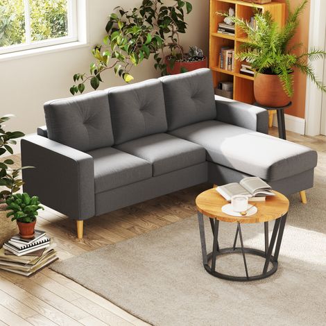 Canapé d'angle gris en forme de L avec un style chaise longue en lin pour 3 personnes, 93 x 136 x 85cm, idéal pour un salon