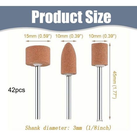 Meules oxyde aluminium, jeu 42 mèches ponçage tige 1/8" compatible Dremel, pour meulage, polissage, ébarbage métaux (1/5)