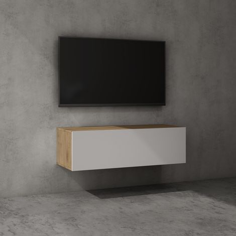 doporro Mueble de TV para Salón de 100cm en Núcleo de Roble y Blanco Mate Mesa TV, con Puerta Abatible hacia Abajo, Mueble de TV flotante, Estante TV 02