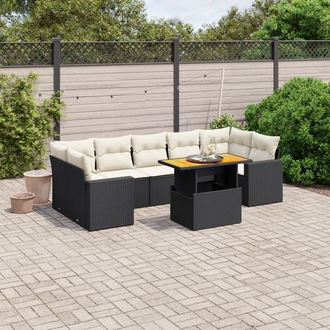 Ensemble Salon Jardin 8 Places Noir Résine Tressée avec Coussins Crème - Table Réglable Hauteur et Structure Modulaire (1/3)