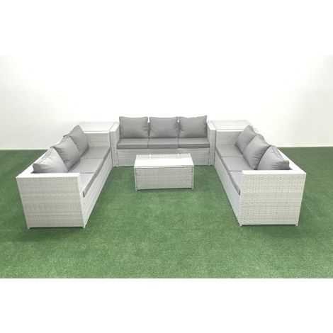 Fimous Gartenmöbel im Freien Polyrattan 9-Sitzer Garten Sofa Couchtisch Set mit 2 Beistelltischen Hellgrau gemischt (1/5)