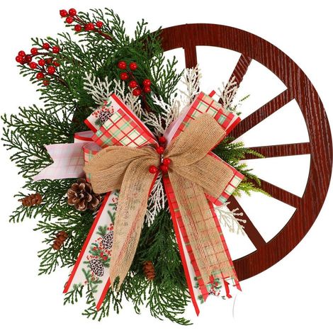 Couronne rouge 16.5" Couronne de roue de chariot de ferme pour porche de porte d'entree a l'exterieur avec noeud en ruban et baies d'hiver de Noel (1/4)