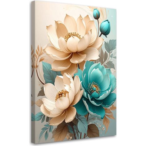 Tableau Moderne, Fleurs crème et turquoise dans une composition décorative,20x30 (1/4)