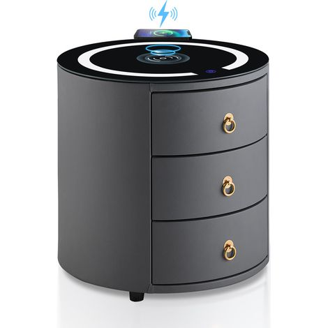 Bedside Table, Round Nightstand, 3 Drawers Cabinet, Smart Bedside Table with Wireless Charging, Dark Grey