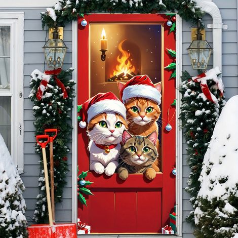 Habillage De Porte De Noël - Chat Mignon Motif Noël - 90 X 180 Cm - Pour Porte D'Entrée Mur Fenêtre - 1 Pièce (1/5)