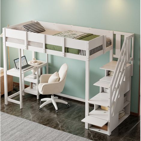 lit enfant mezzanine rangement 90x200 bois blanc OKMYHOME