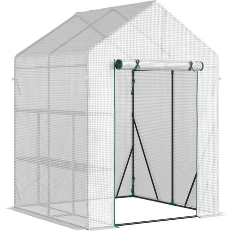 Serre de jardin en acier avec bâche PER, serre de balcon pour plantes avec 2 étagères et porte enroulable, 143 x 143 x 195 cm, blanche (1/3)