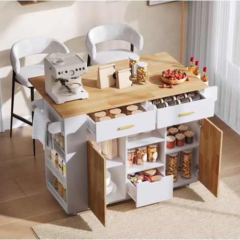Desserte de cuisine pliant 120x45(71)x90 cm avec rangements, 3 tiroirs, roulettes, gain de place, MDF, blanc et naturel (1/5)
