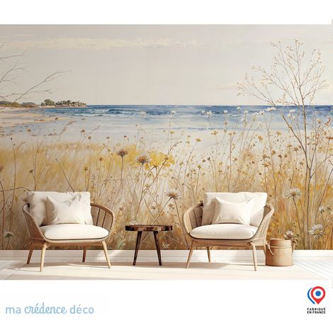 Papier peint : Fleurs sauvages et mer, Aquarelle - Intissé - L.200 x H.280 cm - Bleu pastel (1/5)