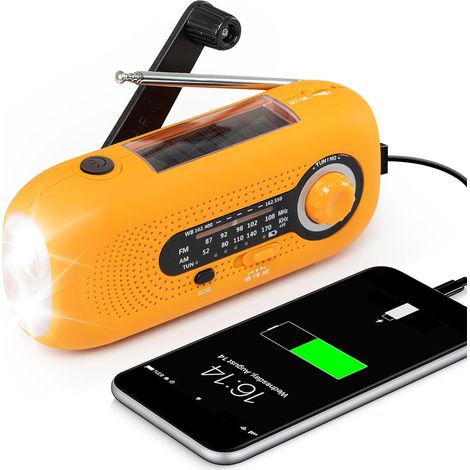 Filiyano-Radio d'urgence portable AM/FM à manivelle, alimentée par cellules solaires 2000 mAh, couleur orange. (1/4)