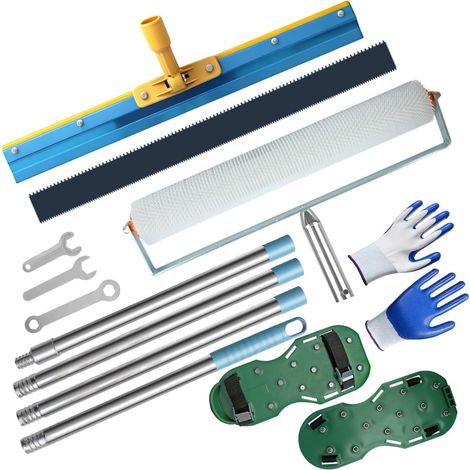 Kit D'outils de Ciment Autonivelant, Kit outils ragréage avec Rouleau Debulleur Ragreage, Perche Telescopique, Autonivelant Grattoirs, Chaussures à Ongles et Gants
