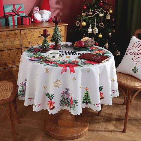 Runde Weihnachtstischdecke, schmutzabweisend und waschbar, große dekorative Wintertischdecke für Weihnachten, Party, Buffet, Feiertagsessen, Größe M, 150 cm