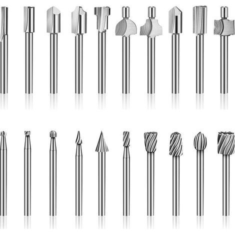 Fraises à toupie HSS, 20 pièces 3 mm 1/8" tige kit d'accessoires de toupie à bois, fraises à toupie pour outil multifonction rotatif Dremel Foredom Proxxon. (1/5)