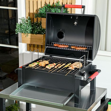 Parrilla Hueca De Madera, Parrilla De Mesa Con Parrilla, Bandeja De Carbón, Parrilla De Camping Con Tapa, Mango, Termómetro, Mesa Parrilla De Madera Para Picnic, Jardín, Negro, 68,5 X 50 X 54 Cm