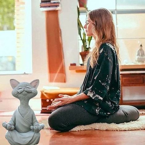 Statue de méditation Statue de Chat Zen Yoga Décoration Figure Résine Méditation Yoga Décor Feng Shui Ornement Sculpture Collection Artisanat Pelouse Jardin Décor (Gris) (1/4)