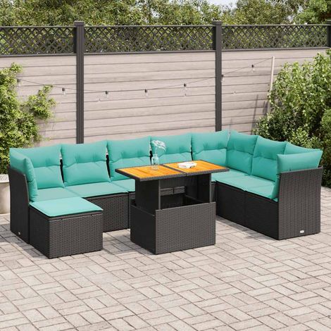 Salon de jardin en résine tressée noire avec coussins bleus et rangement - PANGIVO (1/5)