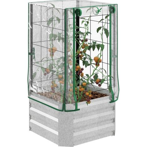CHICFURN Fioriera rialzata 53 x 53 x 90 cm in acciaio argento con copertura PVC e traliccio (1/5)