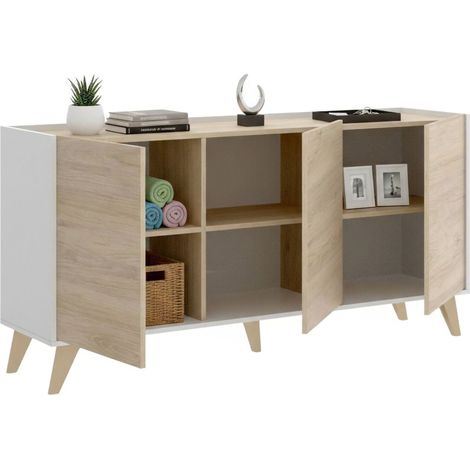 Dmora - Credenza Afrodite, Buffet da soggiorno, Madia moderna da salotto a 3 ante, 155x43h75 cm, Rovere e Bianco