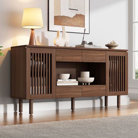 Buffet 140x35x71 cm en MDF, noyer, 4 tiroirs et 2 portes, rangement pour salon – MEUBLIV (1/5)