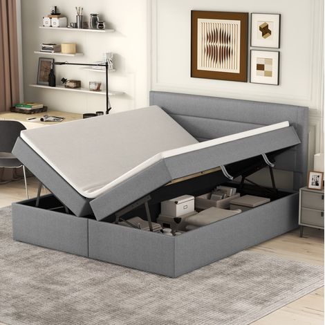 Letto a cassone adulti 140x200 cm con apertura bilaterale, rete a doghe, senza materasso, grigio (1/5)
