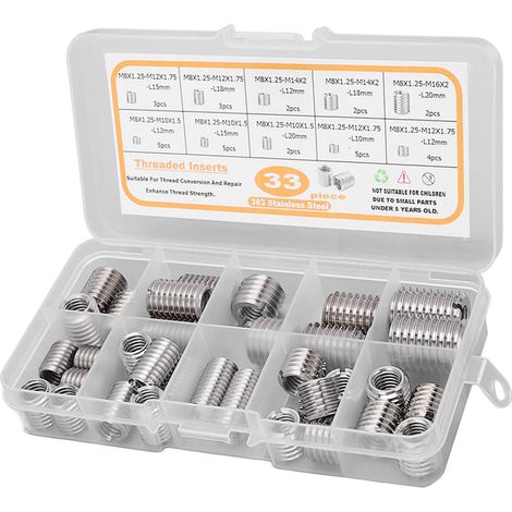 Assortiment de 33 pièces comprenant des inserts filetés M8x1,25, des écrous réducteurs de filetage en acier inoxydable et des manchons de réparation. (1/5)