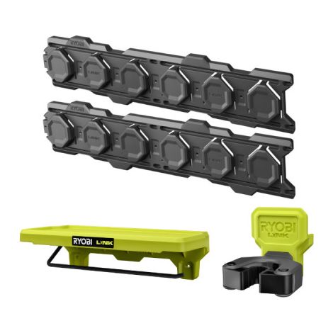 Confezione RYOBI LINK System 2 guide a parete - Morsetto reversibile - Ripiano per prodotti di pulizia