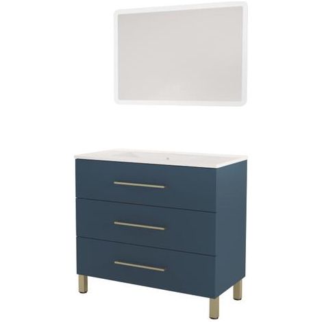 ONDEE ZEN - Meuble à poser MONACO - Dim 90cm - Bleu Minéral - Mir ATHENA - Poignées Dorées