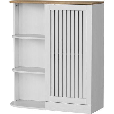 Badezimmer-Eckschrank aus MDF in Weiß und Eiche mit offenen Regalen und Gittertür (1/5)