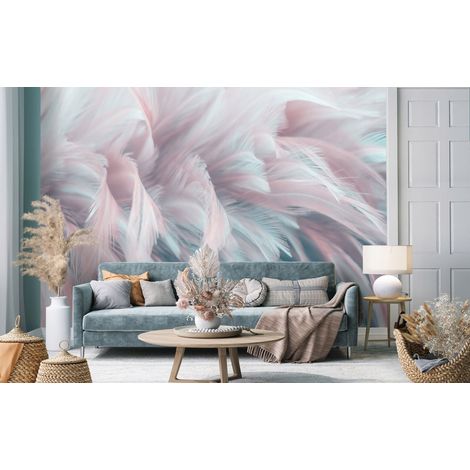 Vlies Fototapete Federn 350x250 cm, Tapeten, für Wohn und Schlafzimmer, Vliestapete Wandtapete Tapete 3D Effekt- inkl. Kleister - Abstrakt weiß blau rosa, WallArena (1/4)