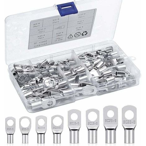 Kit de bornes à sertir, bornes électriques 6 mm², 10 mm², 16 mm², 25 mm², bornes à anneau, bornes en cuivre étamé, connecteurs SC, adaptés aux batteries automobiles et motos (120 pièces).