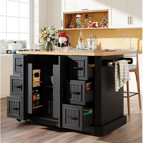 REDOM - Îlot de cuisine mobile 120x45x91 cm, grand rangement, 2 portes, 6 tiroirs, MDF, noir (1/5)