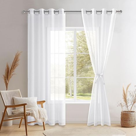 Lot de 2 Rideaux à Oeillet Transparent en Effet Lin Décorations d'intérieur, Rideau Blanc Court avec Embrasses, 132x210cm (Largeur x Hauteur) (1/5)