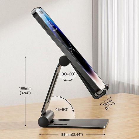 Support téléphone aluminium multi-angle pliable. Compatible iPhone 6-15/Samsung/Huawei, usage bureau/table. (1/4)