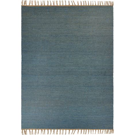 Tappeto iuta blu tessuto a mano 160 x 230 cm con frange boho Lunia (1/5)