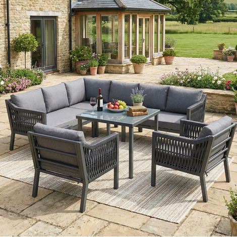 Muebles de jardín de acero galvanizado 8 plazas gris, con tablero de vidrio y sofá esquinero (1/5)