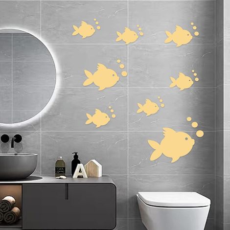 Pegatinas de pared acrílicas 3D de peces y burbujas, extraíbles, para decorar el hogar, para espejos, para dormitorio, sala de estar y baño (doradas) (1/5)