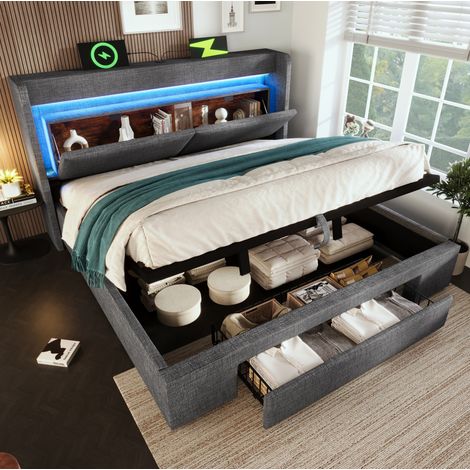 Okwish Lit Coffre 160x200 cm, avec rangement hydraulique, LED, USB C, lin, gris (Avec matelas) (1/5)