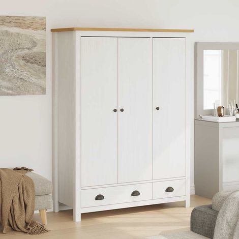 Armoire penderie 3 portes en pin massif blanc et marron miel 127 x 50 x 170 cm - PANGIVO (1/5)