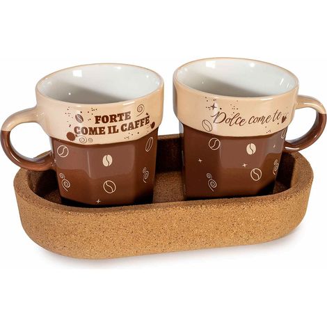 Tazze in porcellana con stampa caffè in set da due pezzi in vassoio di sughero, set da 2 pezzi, Tazza: Ø 7 cm x 8 H