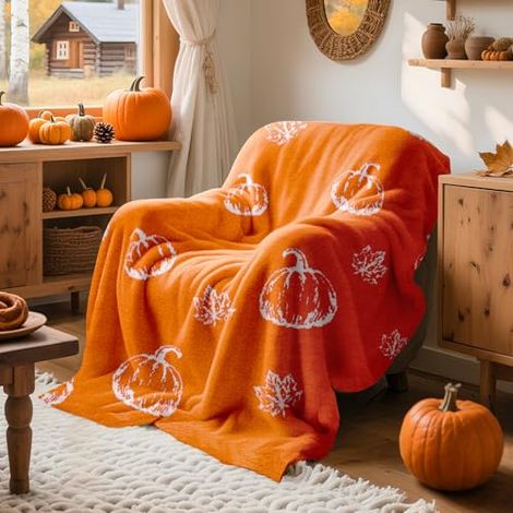 Lanpn Couverture de Automne Canapé, Orange Plaid de Citrouille Chaise, Douce Jeté en Douillet Esthétique, Couvertures Réversible d'automne Cadeau, Couvre Lit Décoration Intérieur Maison, 130x150 cm (1/5)