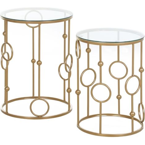 Set de 2 mesas auxiliares de metal dorado con sobre de vidrio Ø41 x 57 cm (1/5)