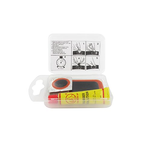 Reparaturset für Fahrradschlauch Shak, bestehend aus 2 Reifenflicken mit 20 mm Durchmesser und 5 Flicken von 45x25 mm, mit Kleber und Schleifmittel.