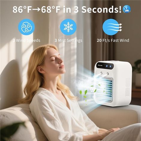 Weißer tragbarer Nebelventilator, leise Mini-Klimaanlage für Büro, Schlafzimmer und Innenräume, erfrischender Luftbefeuchter für den Sommer, für den Gebrauch zu Hause. (1/5)