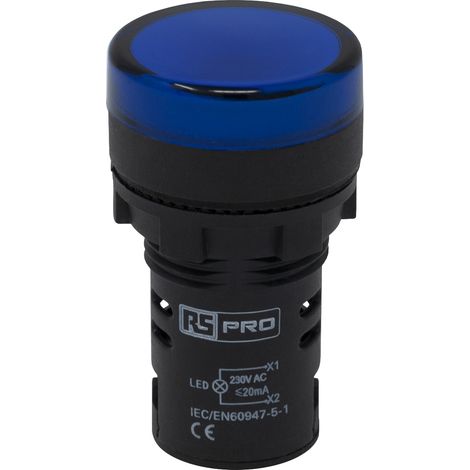 Voyant lumineux LED RS PRO Bleu 230V c.a., Ø découpe 22mm, IP65 ( Prix pour 1 ) (1/4)