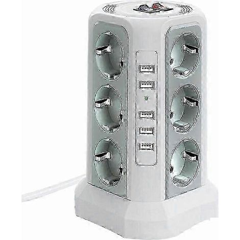 Tour multiprise avec protection contre les surtensions, 5 ports USB et 12 prises, dotée de 3 interrupteurs, blanche. (1/3)