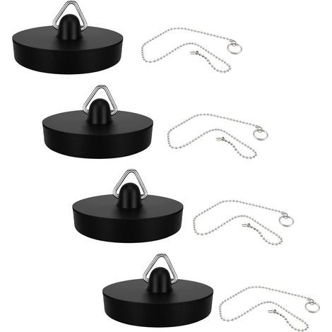 4PCS Bouchons de Vidange en Caoutchouc avec Chaîne, Noir Ø 45-47 mm avec chaînes INOX de 40 cm, Étanches et durables, pour évier, Baignoire, Cuisine, Salle de Bain, buanderie (1/5)
