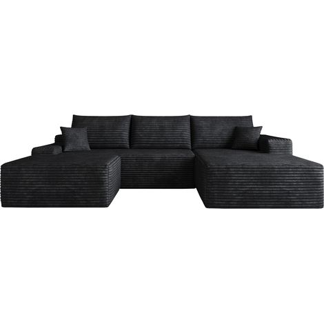 CHICFURN Canapé d'angle modulable convertible avec chaise longue, tissu effet velours côtelé noir, sans montage, assise profonde, pour salon et appartement (1/5)