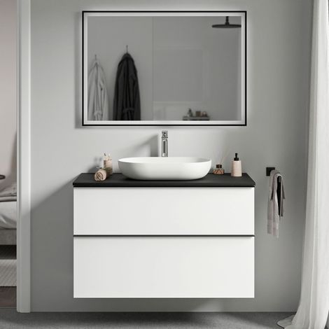 BERNSTEIN - Meuble sous vasque suspendu salle de bain MDF Blanc mat, plan vasque Noir mat, poignée métal Chrome - 100x46x62cm - LAVOA Blanc mat, Chrome, Noir mat